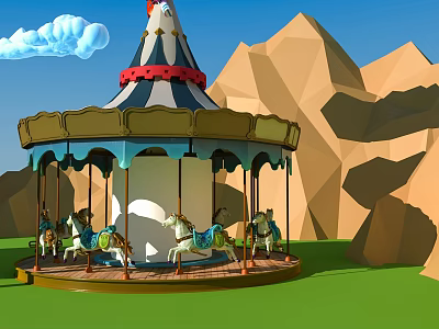 Cartoon Carousel Scene With Colorful Ponies Green Grass White Clouds And Mountain Background 3d model
