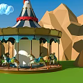 Cartoon Carousel Scene With Colorful Ponies Green Grass White Clouds And Mountain Background