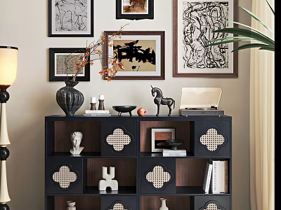 Modern Entryway Console Cabinet And Side Cabinet With Decorative Figurines Framed Art And Potted Plant 3d model