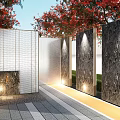 Feature Wall Landscape Design With Red Trees Lighting Wooden Panels Stone Pathway And Yellow Walkway