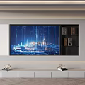 Modern TV Background Wall Design With Digital Art Screen Black Shelves And White Cabinets