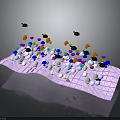 Purple Grid Surface With Colorful Small Spheres And Floating Black Objects