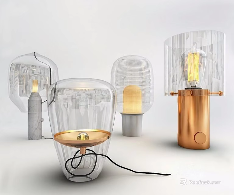 Modern Table Lamps Featuring Clear Glass Shades Brass Gray Bases Exposed Bulbs 3d model 