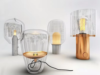 Modern Table Lamps Featuring Clear Glass Shades Brass Gray Bases Exposed Bulbs 3d model