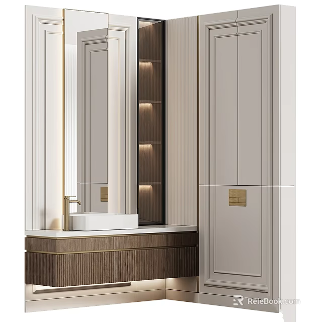 Modern Bathroom Sink Vanity With Wooden Cabinet White Countertop And Gold Hardware 3d model 