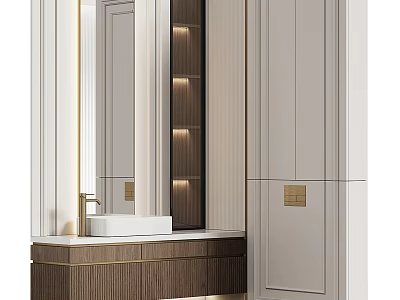 Modern Bathroom Sink Vanity With Wooden Cabinet White Countertop And Gold Hardware 3d model