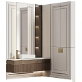 Modern Bathroom Sink Vanity With Wooden Cabinet White Countertop And Gold Hardware