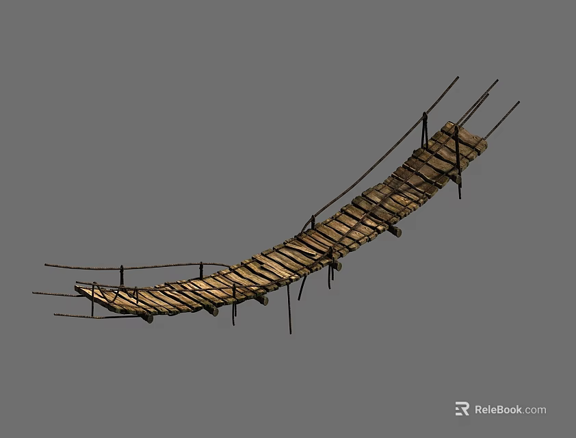 Rustic Wooden Suspension Bridge Structure With Planks Ropes And Support Posts 3d model 