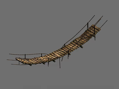 Rustic Wooden Suspension Bridge Structure With Planks Ropes And Support Posts 3d model
