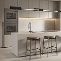 Modern Kitchen Interior With Island Counter Cabinets Hanging Lights And Bar Stools 3d model