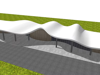 Modern Architectural Structure With Wave Shaped White Roof Green Grass And Gray Pavement 3d model