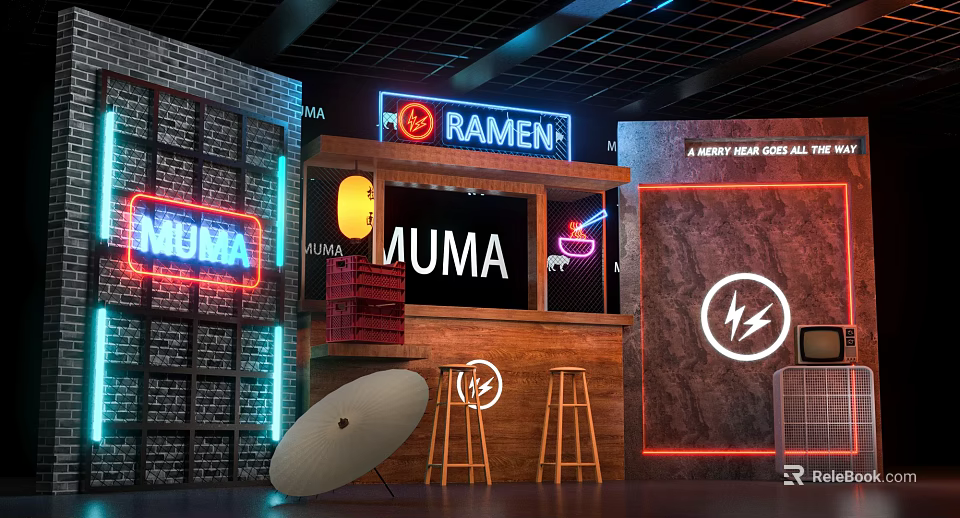 Vibrant Neon Ramen Shop Interior With MUMA Sign Bar Counter Stools And Brick Walls 3d model 