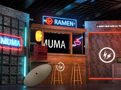 Vibrant Neon Ramen Shop Interior With MUMA Sign Bar Counter Stools And Brick Walls 3d model
