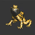 Golden Frog Sculpture with Crown and Black Spots on Shiny Black Surface with Reflection