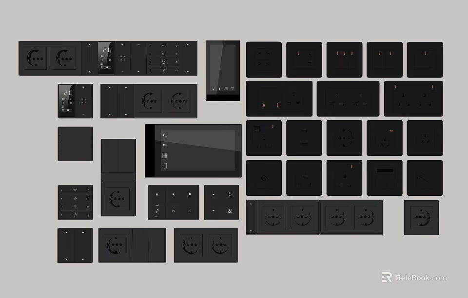 Modern Black Switch Panels with Various Styles and Different Socket Layouts 3d model 