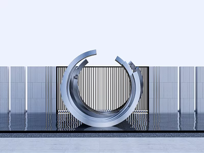 Modern Metal Circular Landscape Sculpture With Gray Wall Vertical Stripes And Water Reflection 3d model
