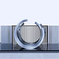 Modern Metal Circular Landscape Sculpture With Gray Wall Vertical Stripes And Water Reflection