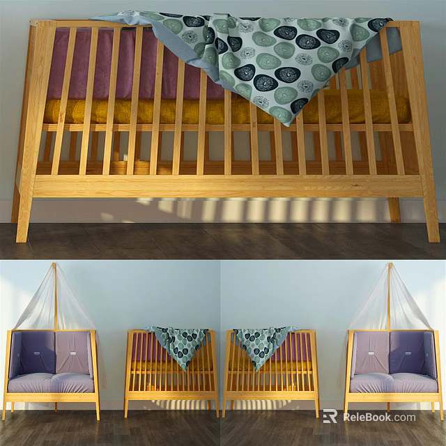 Wooden Baby Crib With Colorful Patterned Blanket Soft Mattress And Railing Design 3d model 