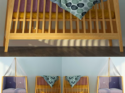 Wooden Baby Crib With Colorful Patterned Blanket Soft Mattress And Railing Design 3d model