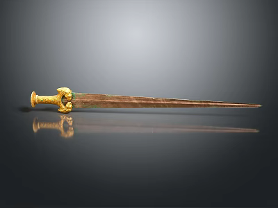 Long Sword With Golden Hilt Metallic Blade And Reflection On Dark Background 3d model