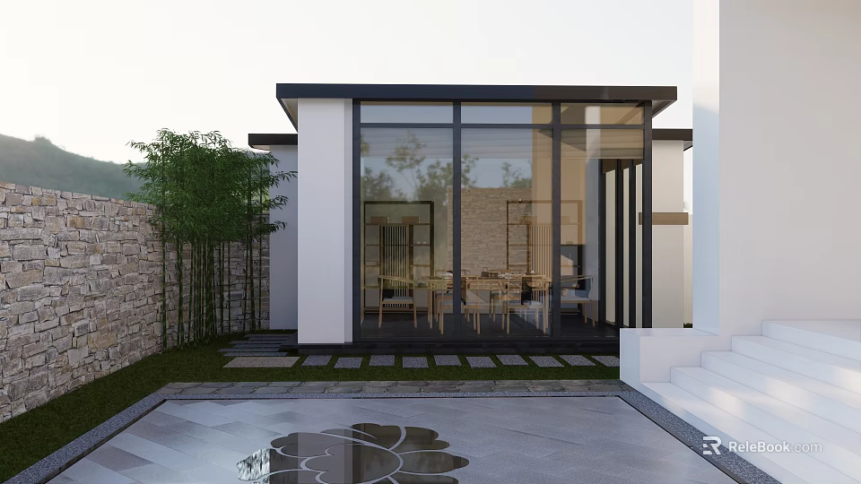 Modern Garden Landscape With Bamboo Plants Stone Wall Pathway And Glass Building Courtyard 3d model 