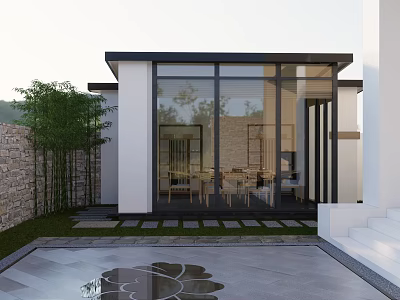 Modern Garden Landscape With Bamboo Plants Stone Wall Pathway And Glass Building Courtyard 3d model