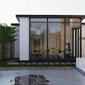 Modern Garden Landscape With Bamboo Plants Stone Wall Pathway And Glass Building Courtyard