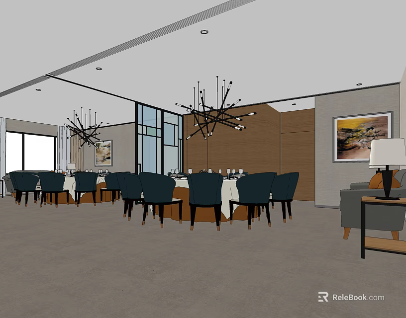 Modern Private Dining Room With Dining Table Chairs Chandeliers Sofa And Artwork 3d model
