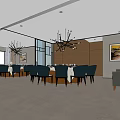 Modern Private Dining Room With Dining Table Chairs Chandeliers Sofa And Artwork 3d model