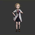 3D Cartoon Character Model With Brown Hair Purple Accessory White Lab Coat And Black Skirt