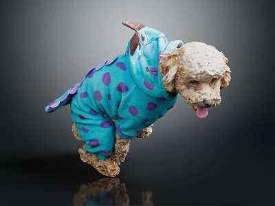Adorable Dog in Blue Dinosaur Costume with Purple Spots Curly Fur Tongue Out Dark Background 3d model