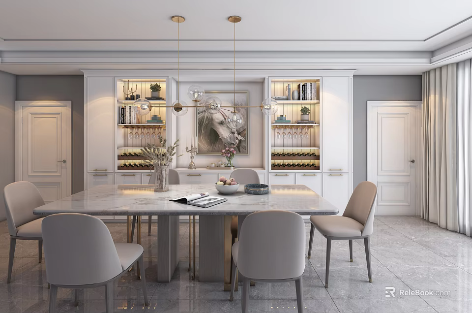 Elegant Modern Dining Table Set With Marble Top Light Grey Chairs And Wine Rack Cabinets 3d model