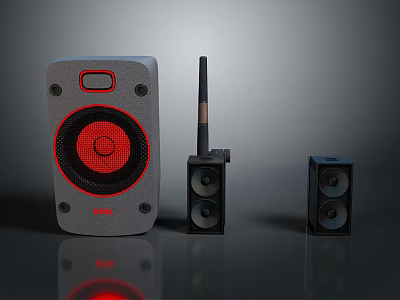 Home Audio System with Main Speaker Red Cone Satellite Speakers and Antenna Device 3d model