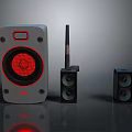 Home Audio System with Main Speaker Red Cone Satellite Speakers and Antenna Device