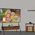 Animated Kids Eating Noodles On TV With Wooden TV Stand And Poliform Brand