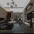 Modern Living and Dining Room Interior With Sofa Coffee Table TV Wall Chandelier and Rug