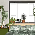 Cozy Bedroom Interior With Green Dresser White Bedding Hanging Plants And Sunlit Windows