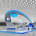 DJI Modern Exhibition Booth Design With Curved Structure Blue Lighting And Display Monitors 3d model