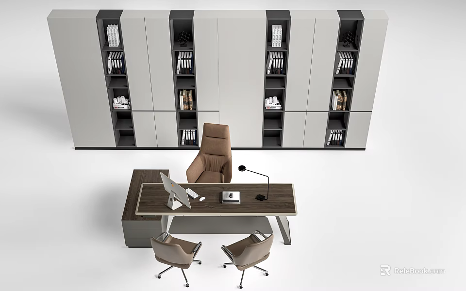 Modern Office Desk With Laptop Phone And Stationery Surrounded By Bookshelf And Office Chairs 3d model 