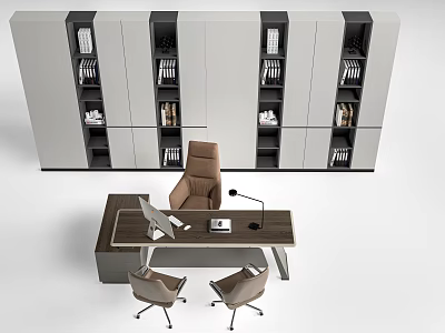 Modern Office Desk With Laptop Phone And Stationery Surrounded By Bookshelf And Office Chairs 3d model
