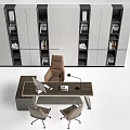 Modern Office Desk With Laptop Phone And Stationery Surrounded By Bookshelf And Office Chairs