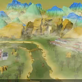 Traditional Chinese Landscape Garden Featuring Misty Colorful Mountains Gentle Streams Wooden Bridges And Peaceful Villages