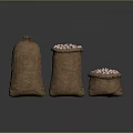 Three Burlap Sacks With Colorful Food Items Inside On Dark Background