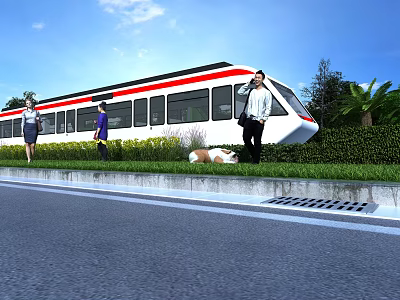 Modern White Red Stripe Train At Platform With Passengers Green Bushes And Dog 3d model