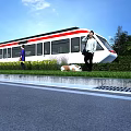 Modern White Red Stripe Train At Platform With Passengers Green Bushes And Dog