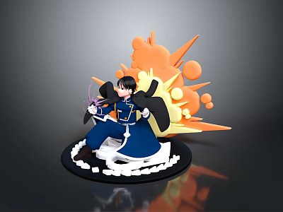 Action Pose Character In Blue Outfit With Black Hair And Orange Explosion Effects 3d model
