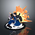Action Pose Character In Blue Outfit With Black Hair And Orange Explosion Effects