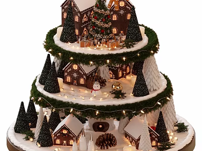 Christmas Themed Decorative Ornament Set with Three Tiered Mini Houses String Lights and Pine Trees 3d model