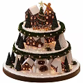 Christmas Themed Decorative Ornament Set with Three Tiered Mini Houses String Lights and Pine Trees