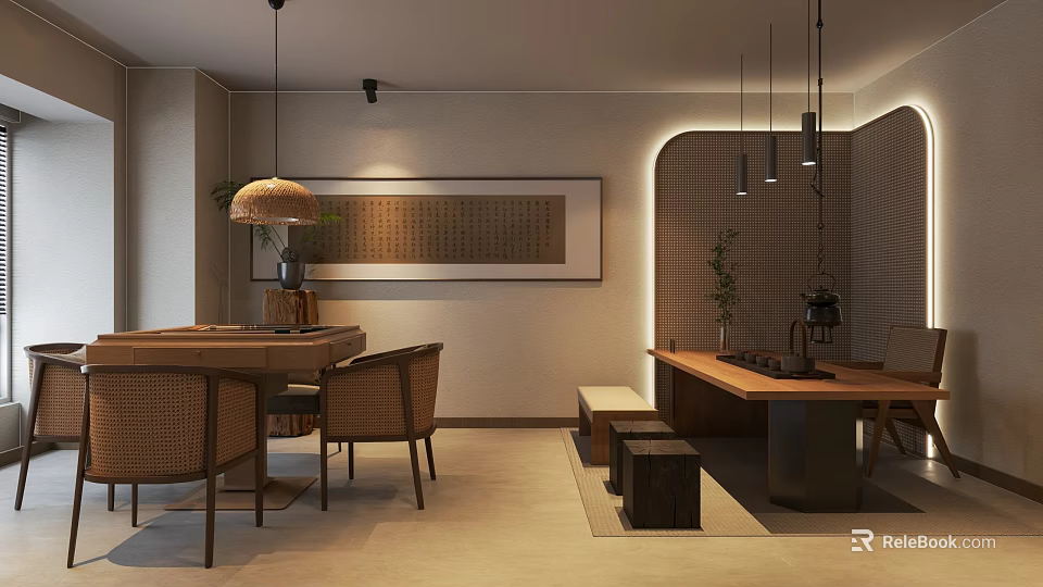 Traditional Hotel Mahjong Room with Wooden Tables Rattan Chairs and Calligraphy Artwork 3d model 